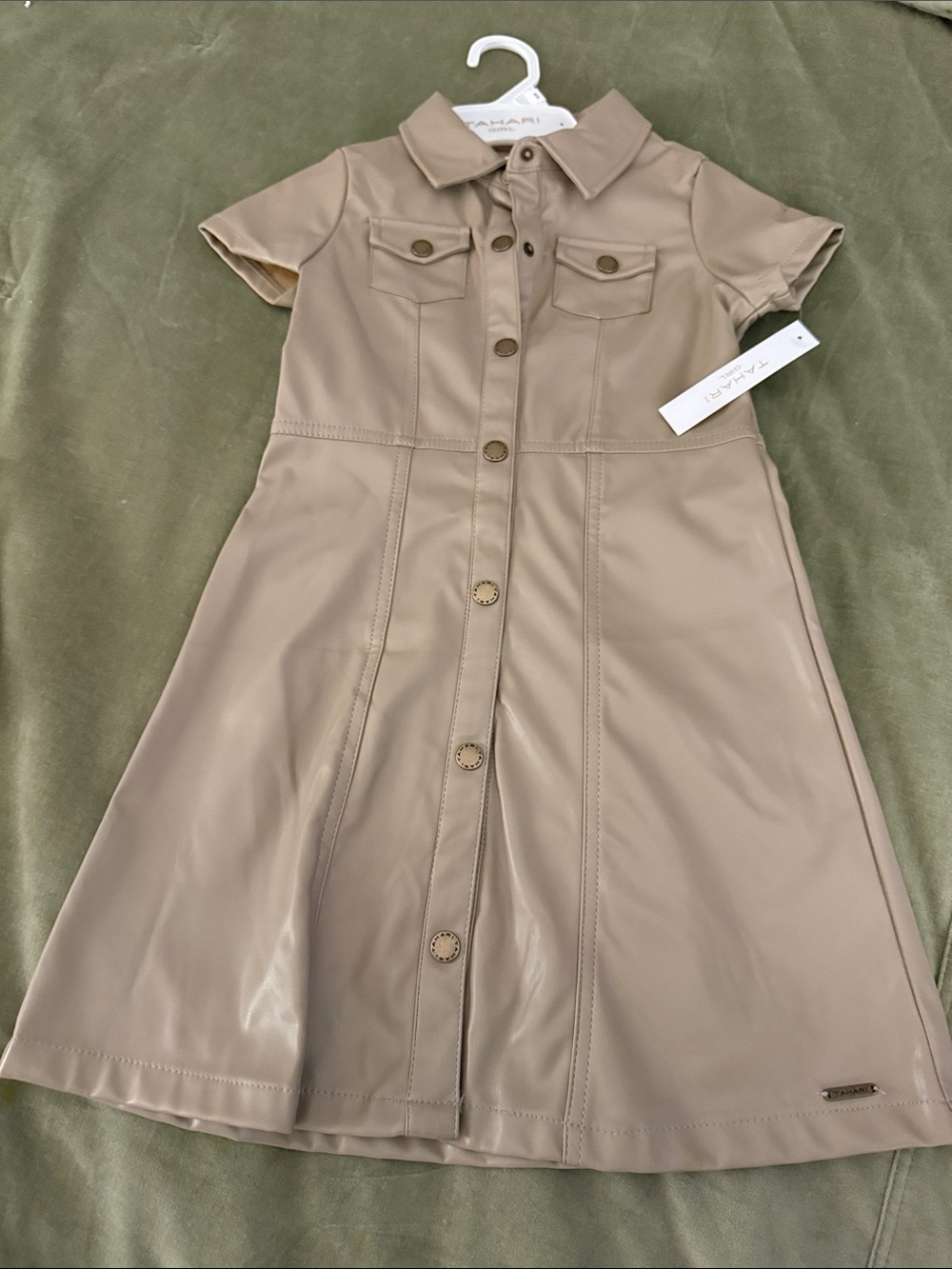Tahari Girl’s Taupe Button-Front Faux Leather Shirt Dress
